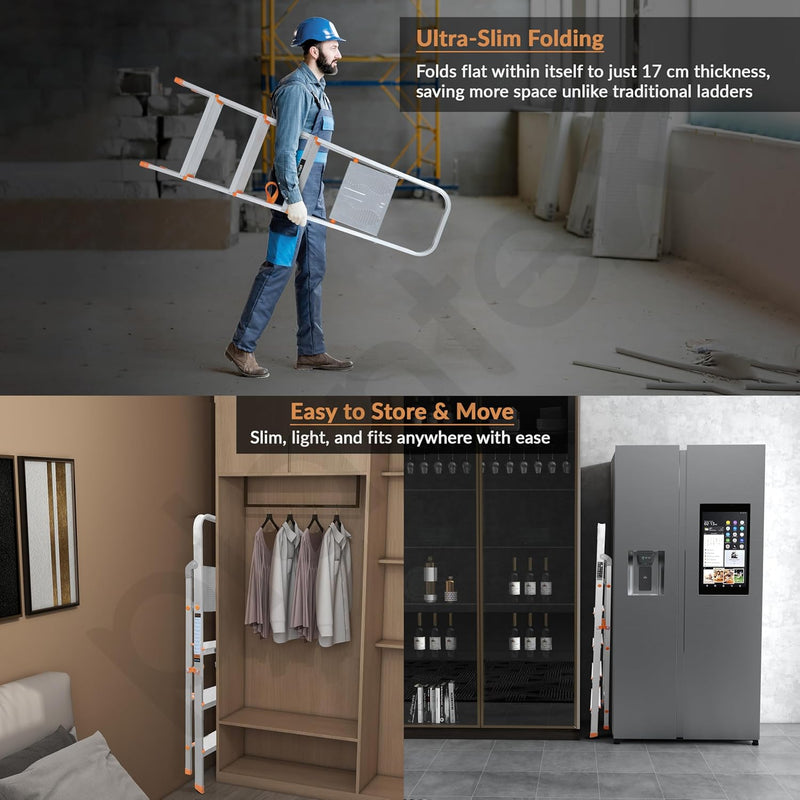 Plantex Legend 4 Step Ladder for Home/Anti-Slip Steps/Easy to Fold Aluminium Ladder/Capacity Upto 150 kg (Orange-Chrome)