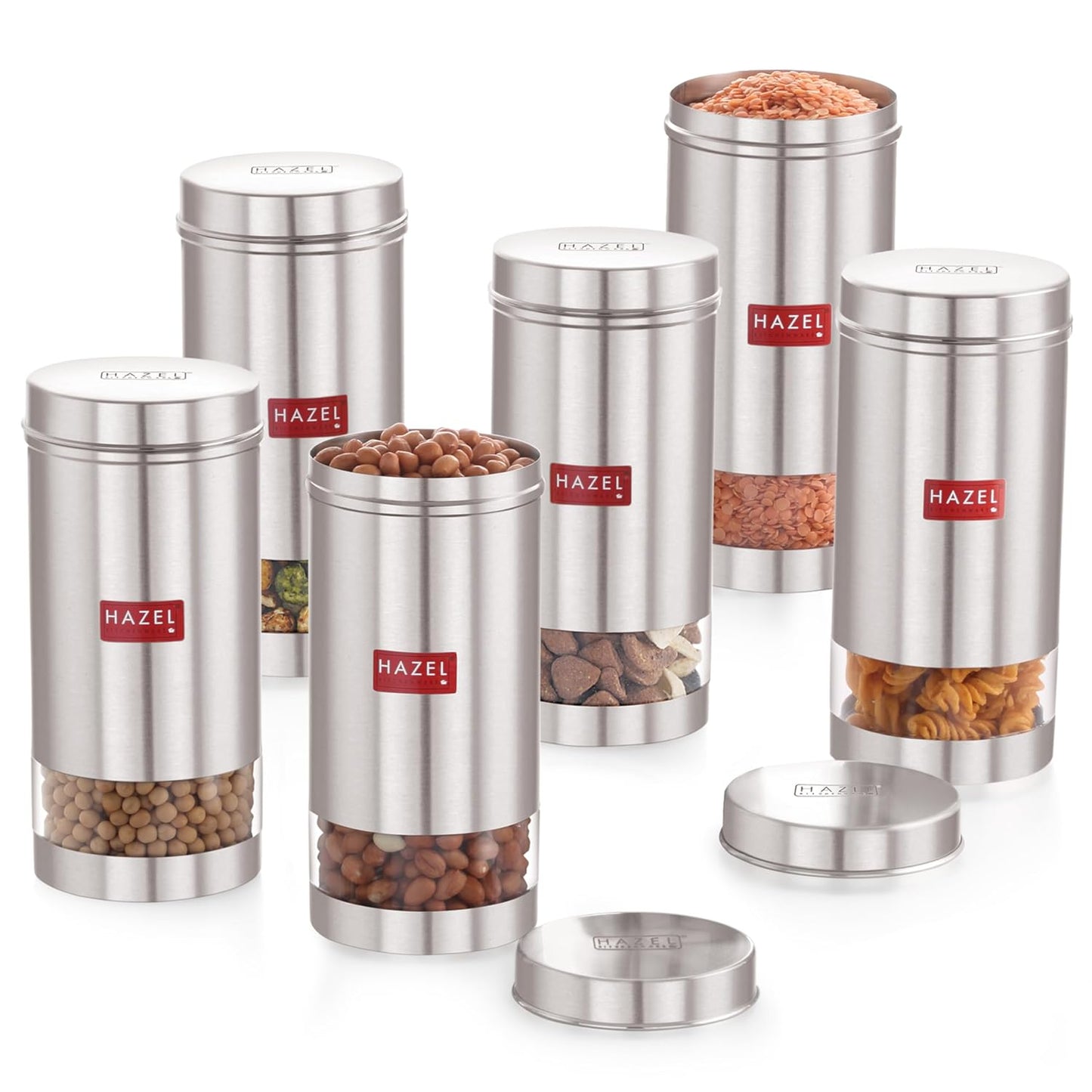 HAZEL Stainless Steel Kitchen Containers| 1 Ltr Each Transparent Kitchen Container Set with Matt Finish | Multipurpose Storage Box for kitchen containers, Set of 6
