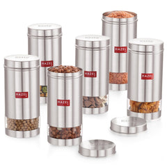 HAZEL Stainless Steel Kitchen Containers| 1 Ltr Each Transparent Kitchen Container Set with Matt Finish | Multipurpose Storage Box for kitchen containers, Set of 6