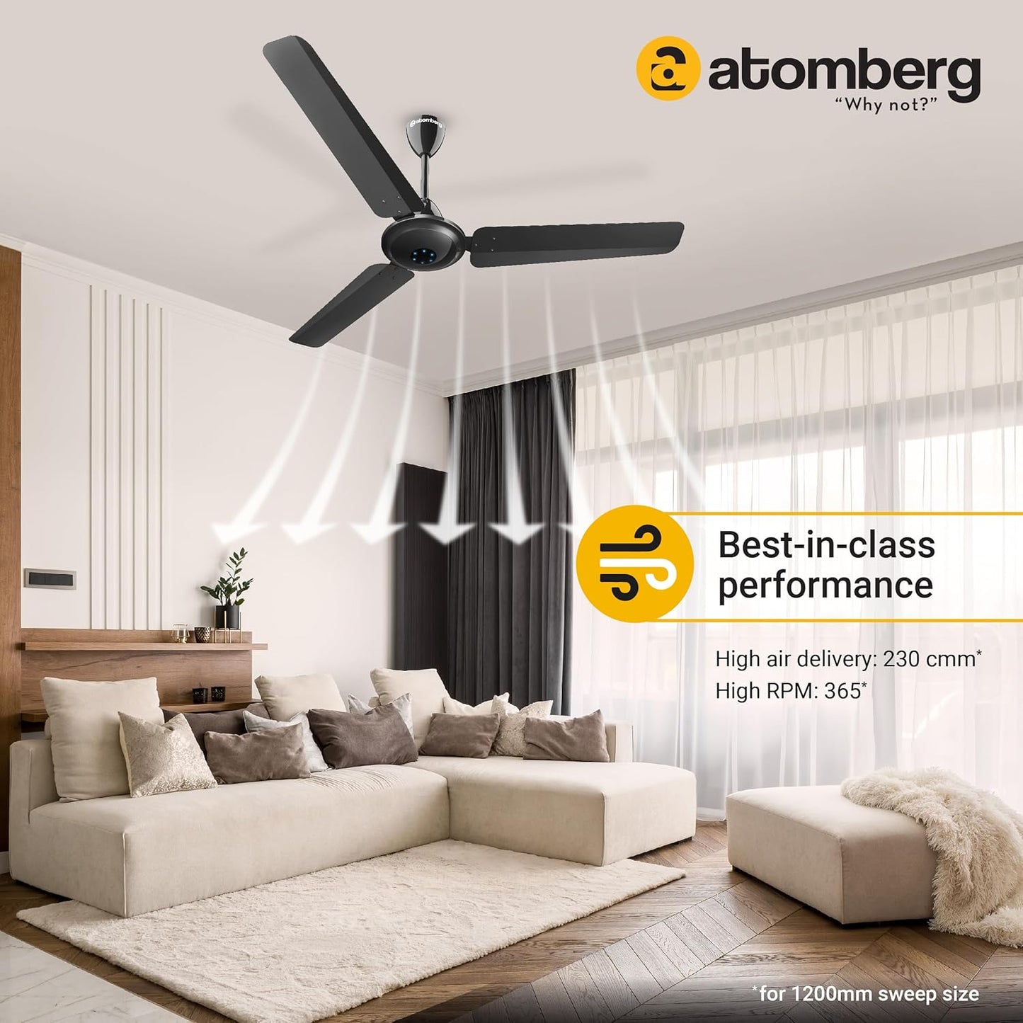 atomberg Ikano 1200mm BLDC Ceiling Fan with Remote Control | BEE 5 star Rated Energy Efficient Ceiling Fan | High Air Delivery with LED Indicators | 3 Year Warranty (Gloss Black)