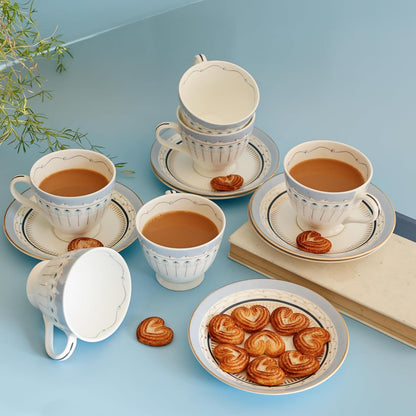 Magique by The Wishing Chair x ClayCraft : River of Flowers Tea Cups & Saucers Set of 6 | 180 ml Fine Ceramic Floral Cups | Elegant Glossy Finish | Ideal for Gifting & Home Use