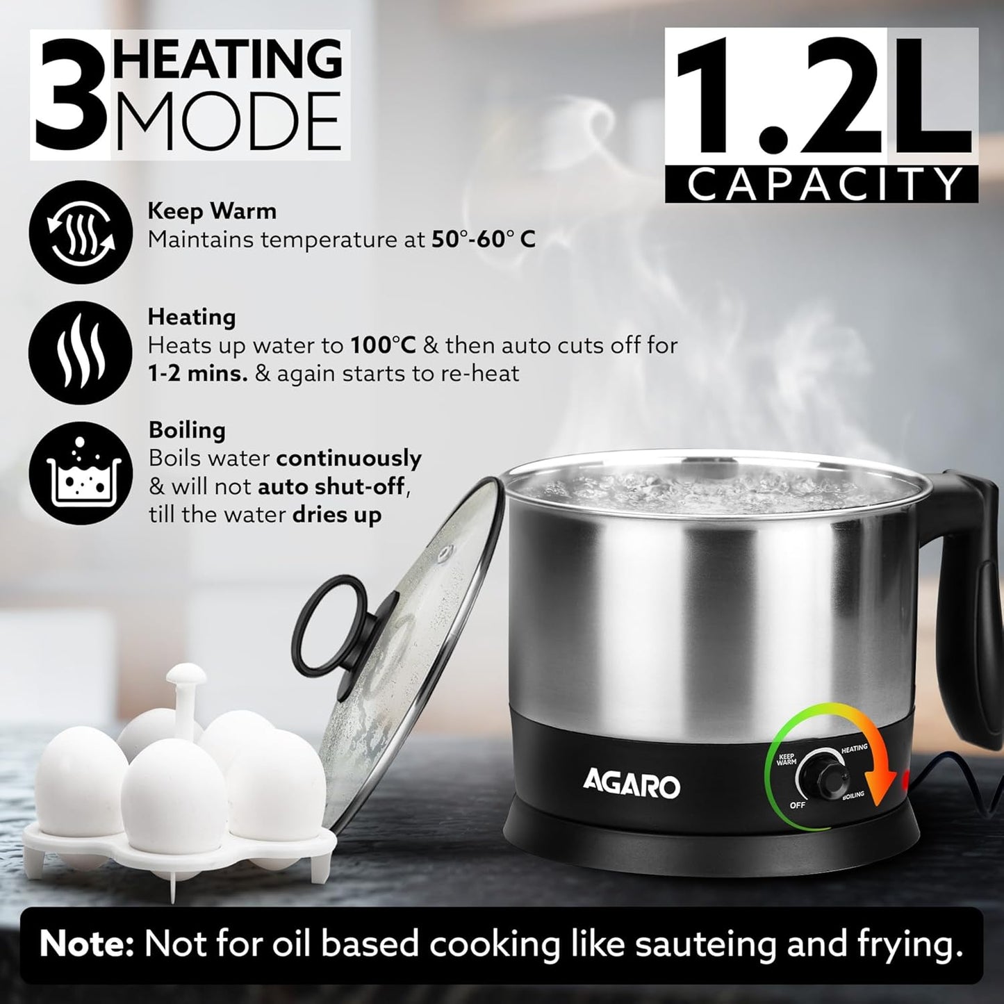 AGARO Esteem Electric Multi Kettle 1.2L, 600W, with Stainless Steel Body, Egg Rack, Grill Rack, 3 Heating Modes & Rapid Boil Technology, Boiling Water, Tea, Coffee, Oats, Noodle, Soup