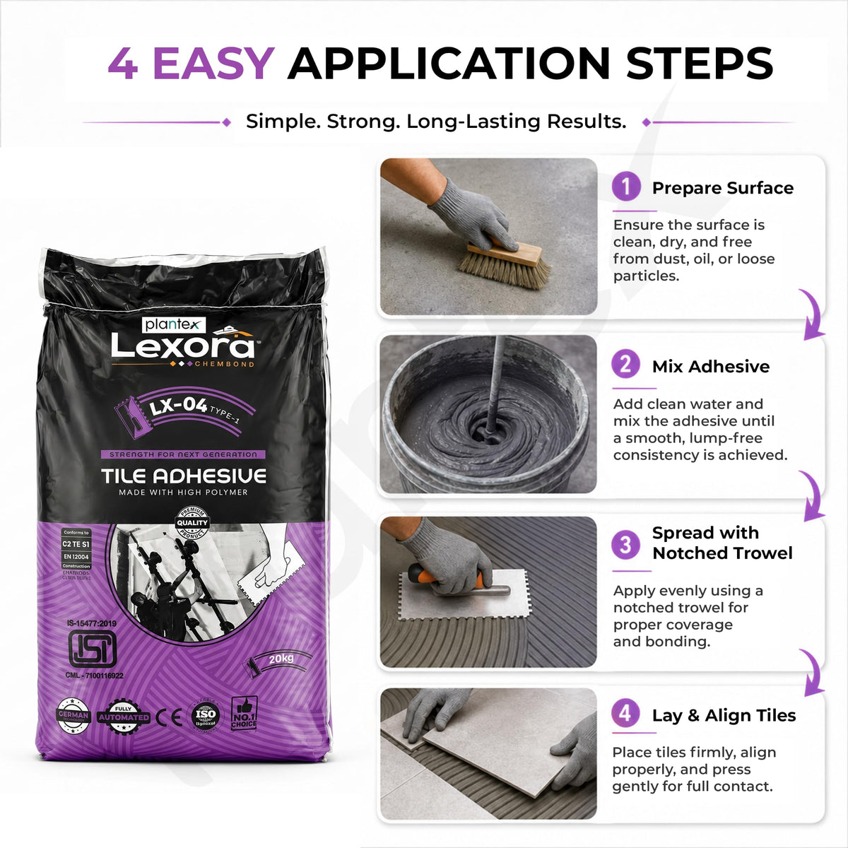 Plantex Lexora Tile Adhesive for Terracotta/Ceramic & Quarry Tiles/Polymer Modified Cement Adhesive for Floor & Wall Tiles Fixing/ Kitchen & Bathroom‚ Use - 20kg (LX-04, White)-4