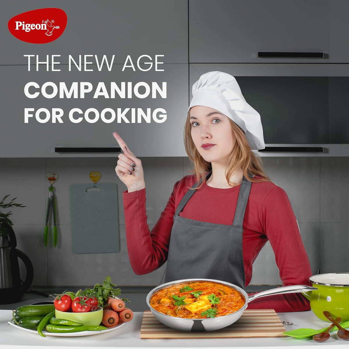 Pigeon Elite Stainless Steel Triply Fry Pan 22 cm, Gas Stove and Induction Compatible for Fast Cooking and Longer Heat R