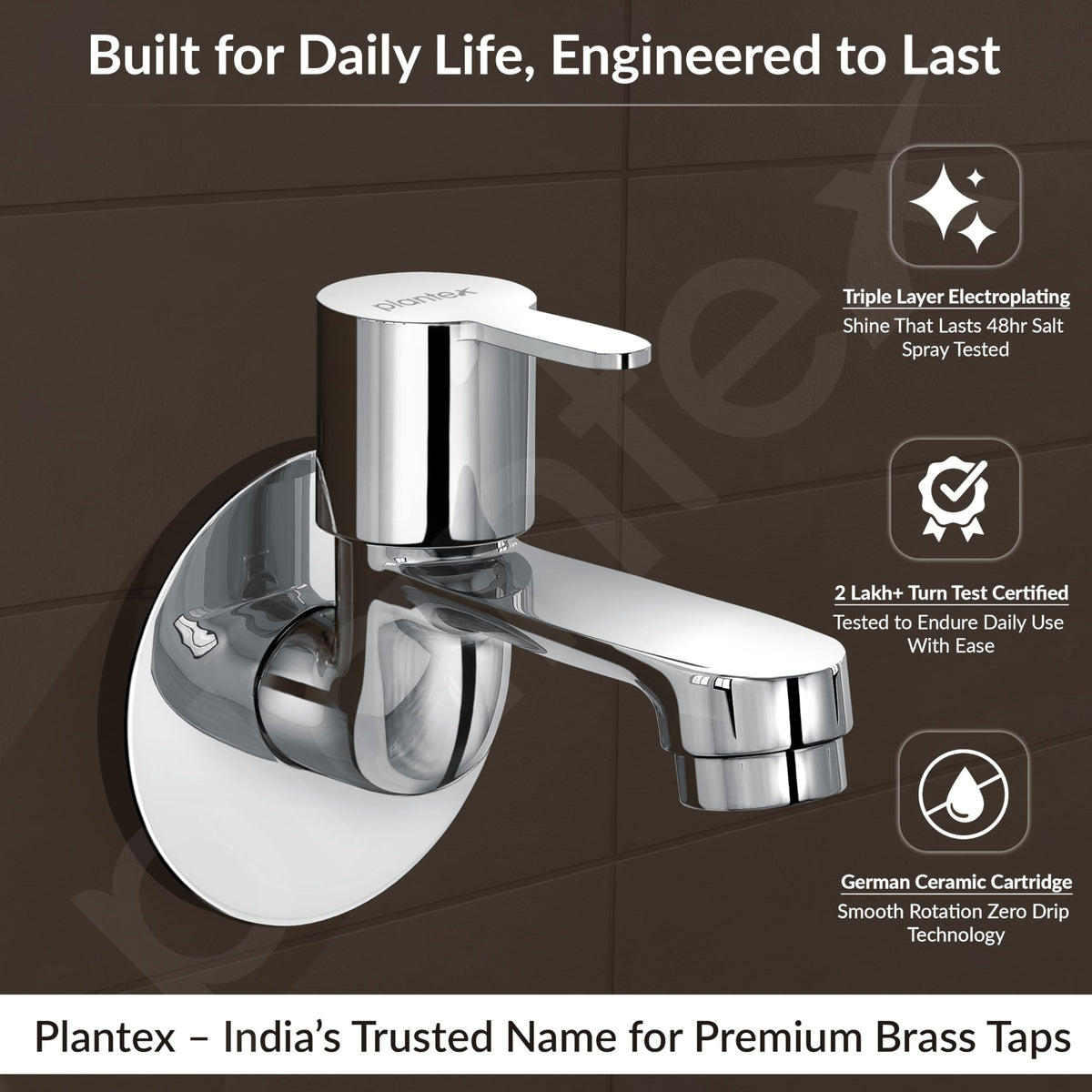 Plantex Pure Brass FLO-801 Bib Cock Water Tap with Water Saving Aerator/Dual Bib Tap with Brass Wall Flange & Teflon Tape for Washbasin with 7-Year Warranty (Mirror Chrome)-3