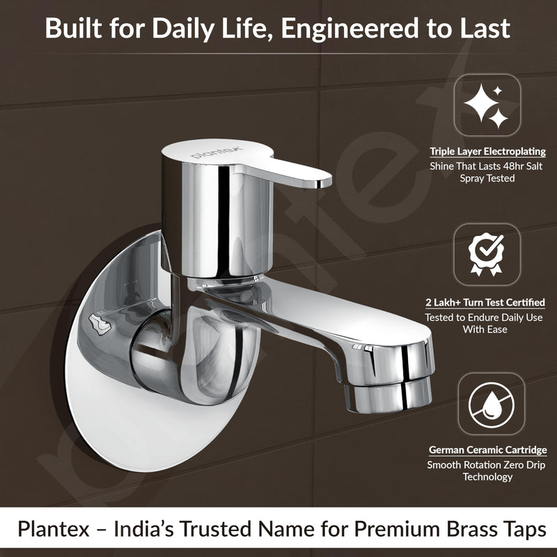 Plantex Pure Brass FLO-801 Bib Cock Water Tap with Water Saving Aerator/Dual Bib Tap with Brass Wall Flange & Teflon Tape for Washbasin with 7-Year Warranty (Mirror Chrome)-3