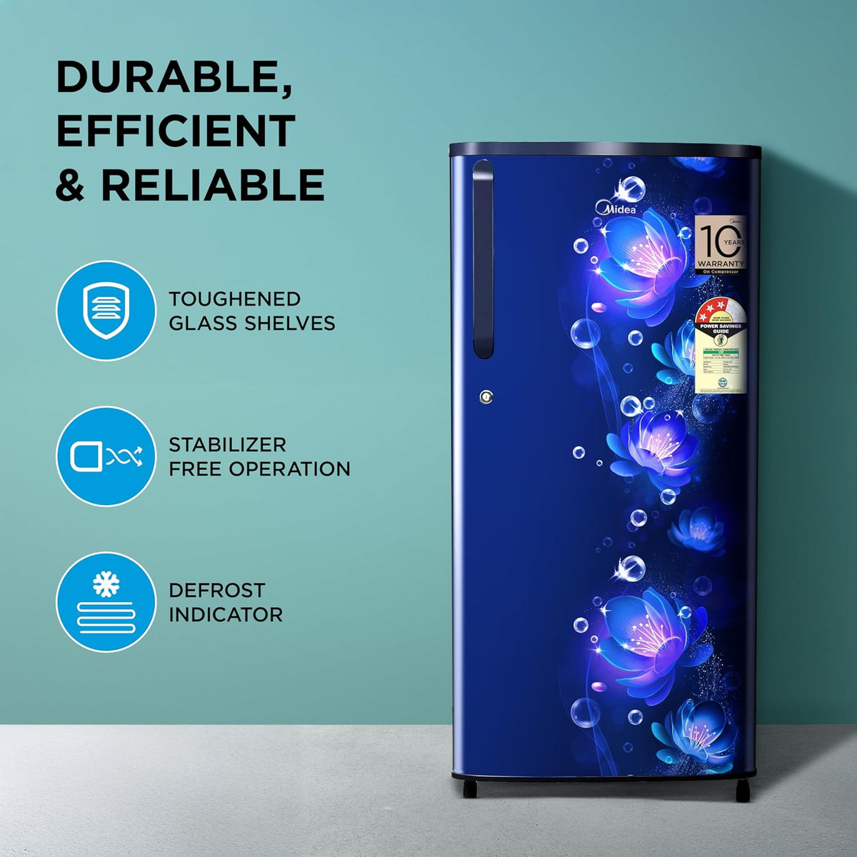 Midea 190 L 3 Star Direct Cool Refrigerator (MRD190D3HPCB, Blue, Flower, 2025 Model)-2