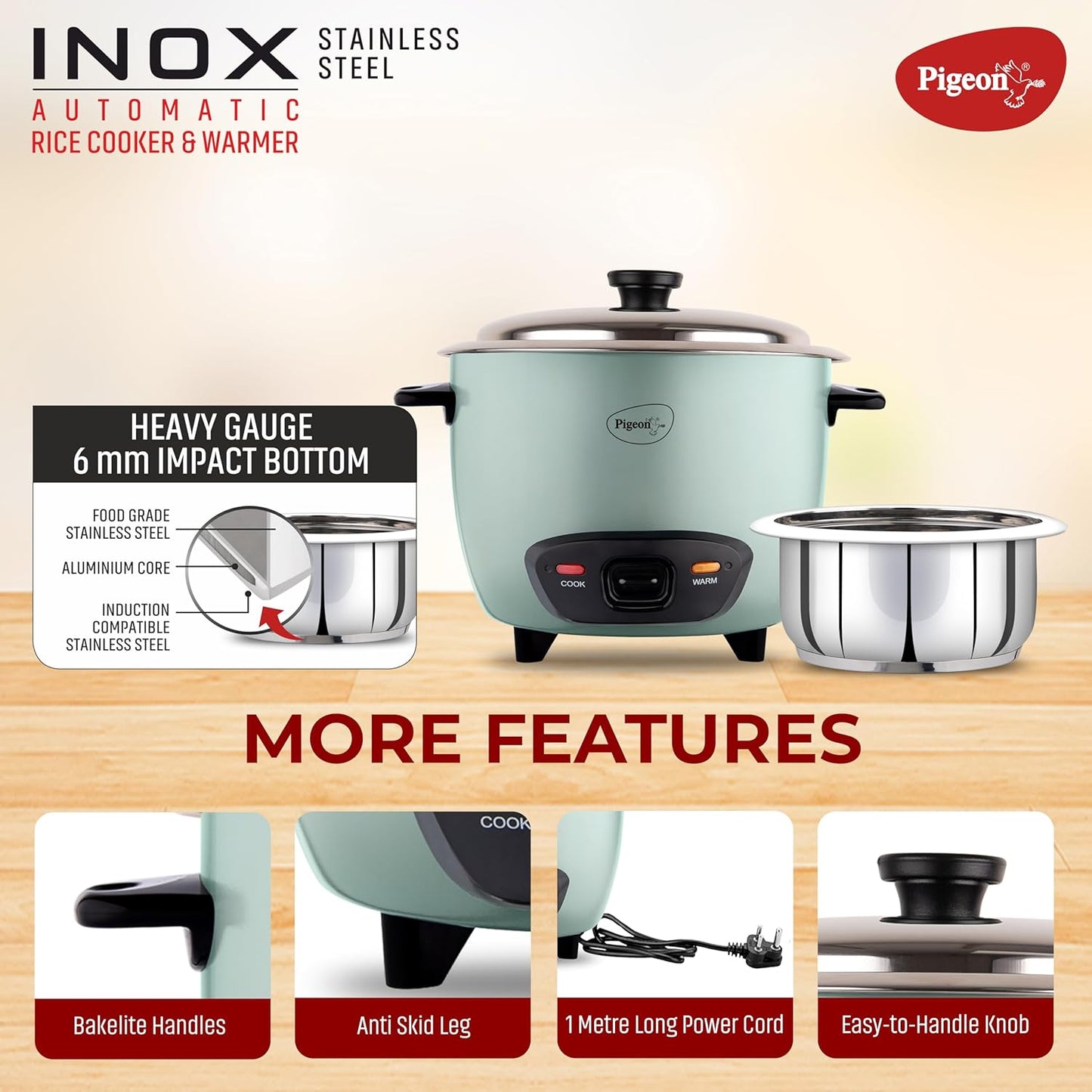 Pigeon Inox Rice Cooker with Single pot, 1.8 litres | Stainless Steel Lid | 700 Watts | 1 Steel Cooking Pot | Measuring Cup | Spatula | Energy Efficient Cooking