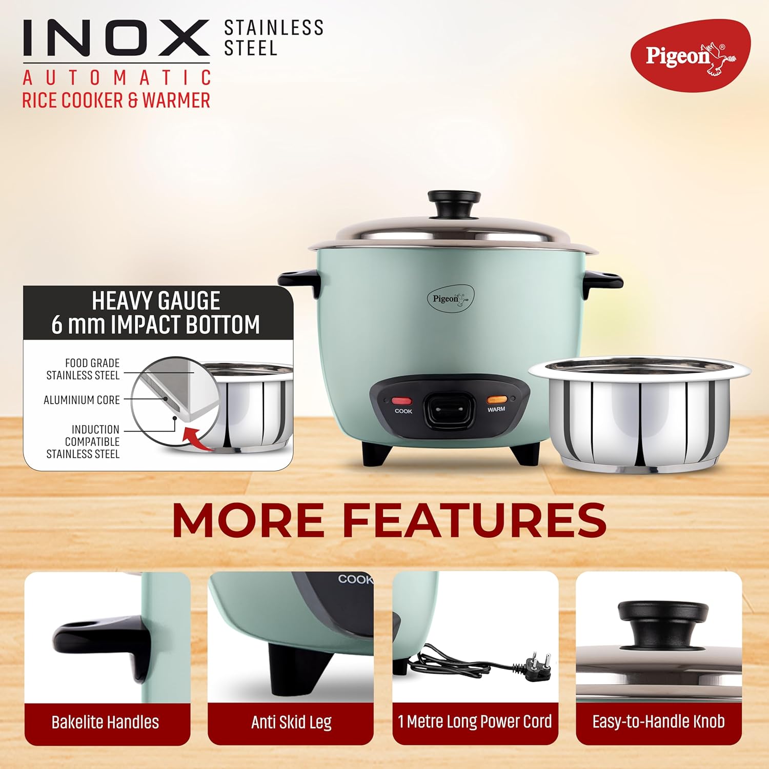 Pigeon Inox Rice Cooker with Single pot, 1.8 litres | Stainless Steel Lid | 700 Watts | 1 Steel Cooking Pot | Measuring Cup | Spatula | Energy Efficient Cooking