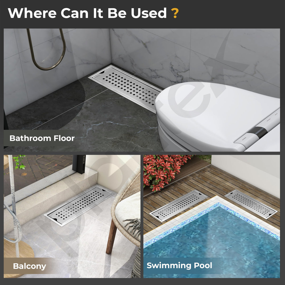 Plantex 304 Grade Stainless Steel Shower Water Drain Channel/12x4 Inch Floor Drain/Drainage Cover/Floor Drain Cover with Removable Grate - (PALO, Chrome)-6