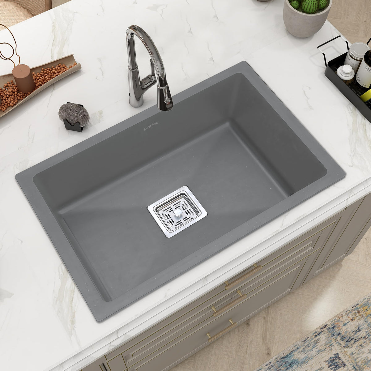 Plantex Kitchen Sink/Quartz Single Bowl Kichen Sink with Hose Pipe and Square Coupling/Under Mount Kitchen Sink - (Grey, 24 x 18 inch)-1