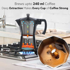AGARO Classic Moka Pot, Stovetop, Espresso Coffee Maker, 240 Ml, Premium Aluminium Built, Italian Style Mocha, Cuban Café Brewing, Black