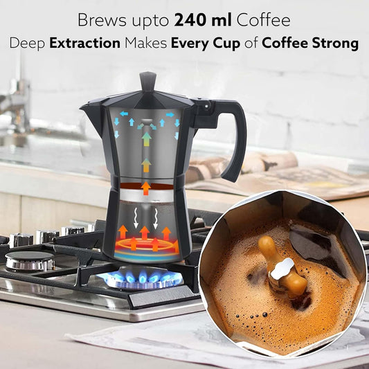 AGARO Classic Moka Pot, Stovetop, Espresso Coffee Maker, 240 Ml, Premium Aluminium Built, Italian Style Mocha, Cuban Café Brewing, Black