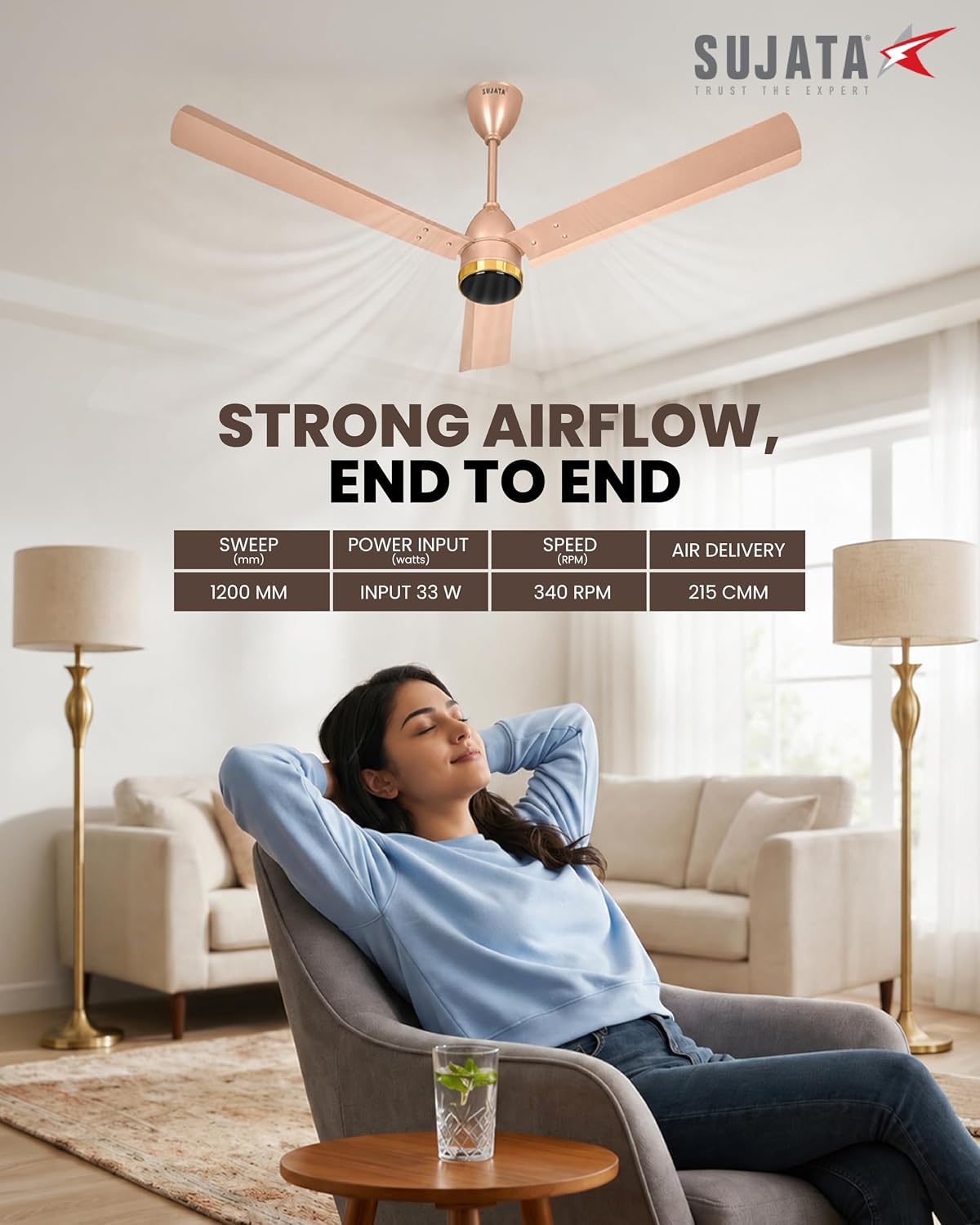 Sujata Slim Air BLDC 1200 mm Ceiling Fan with Remote | 5 Star - Topaz Gold