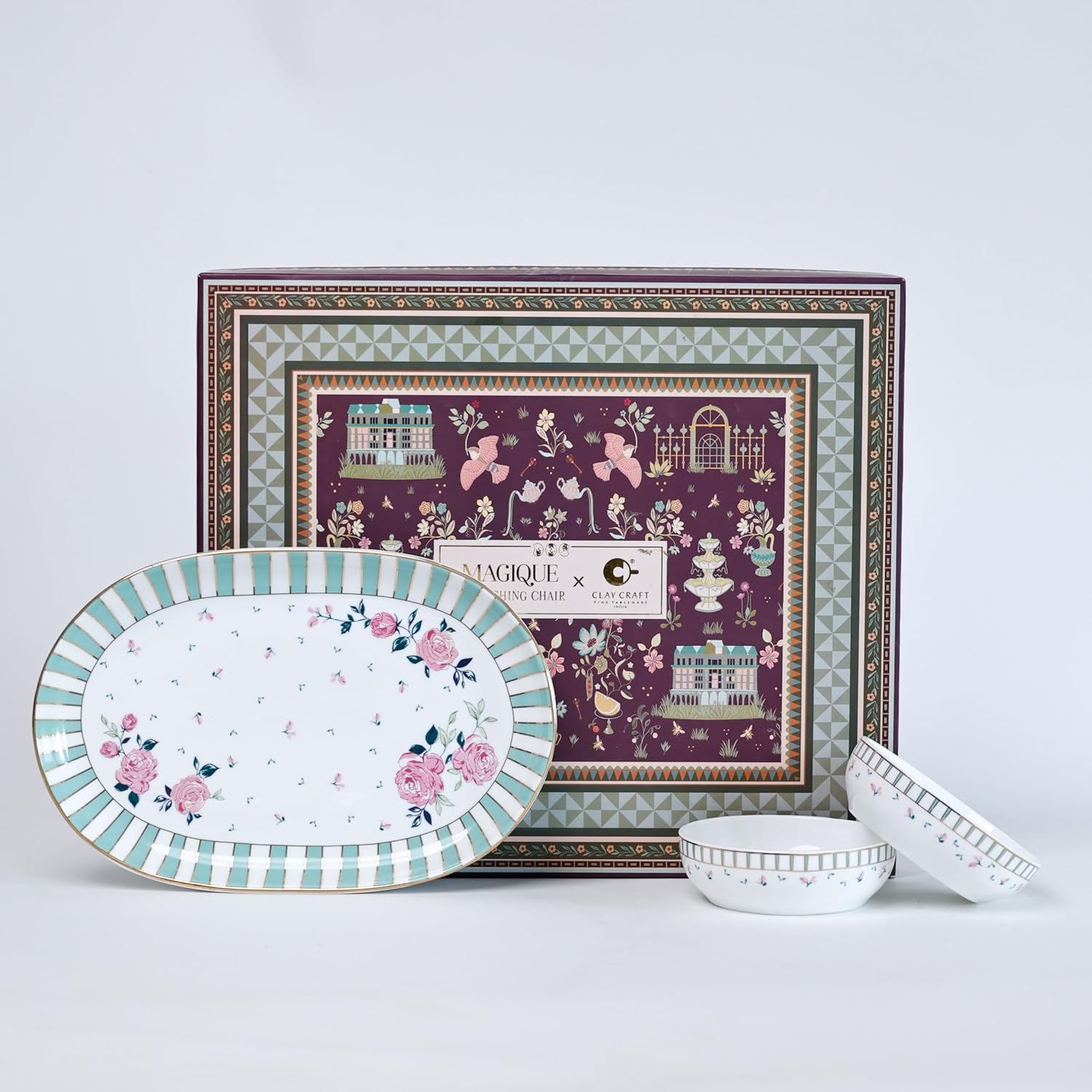 Magique by The Wishing Chair x ClayCraft : Portrait of a Rose - Glow Giftbox | Set of 2 Bowls & Platter | Dishwasher Safe | Festive Gifting | GiftBox Packaging