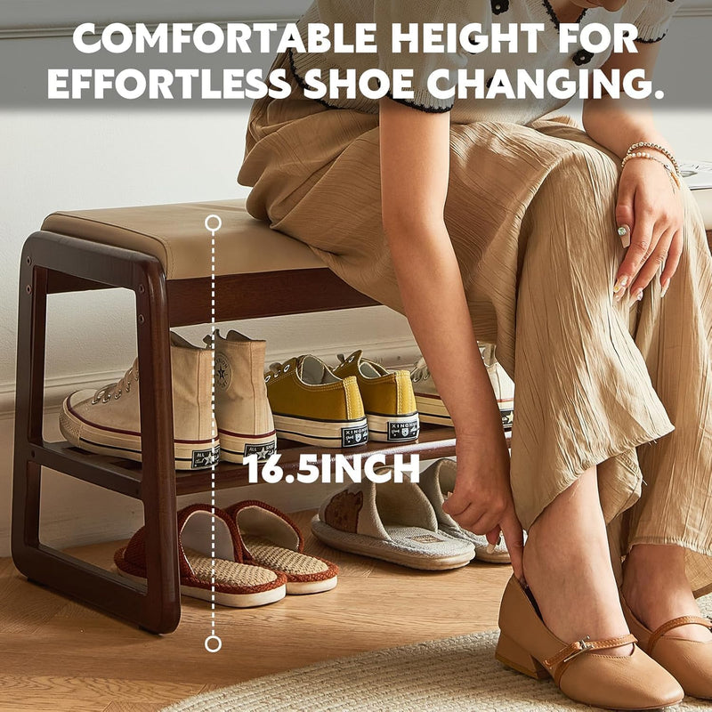 Mid-Century Elegant Wooden Shoe Bench with Padded Seat – 2-Tier Shoe Rack for Entryway, Living Room, or Bedroom