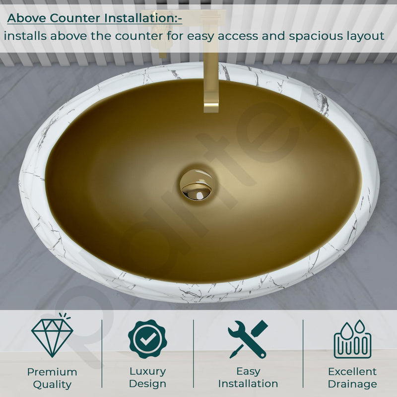 Plantex Table Top Wash Basin For Bathroom/Designer Ceramic Basin/Countertop Vessel Sink Basin - Indo-European Collection (White & Gold - 24 x 16 x 7 Inch)-5