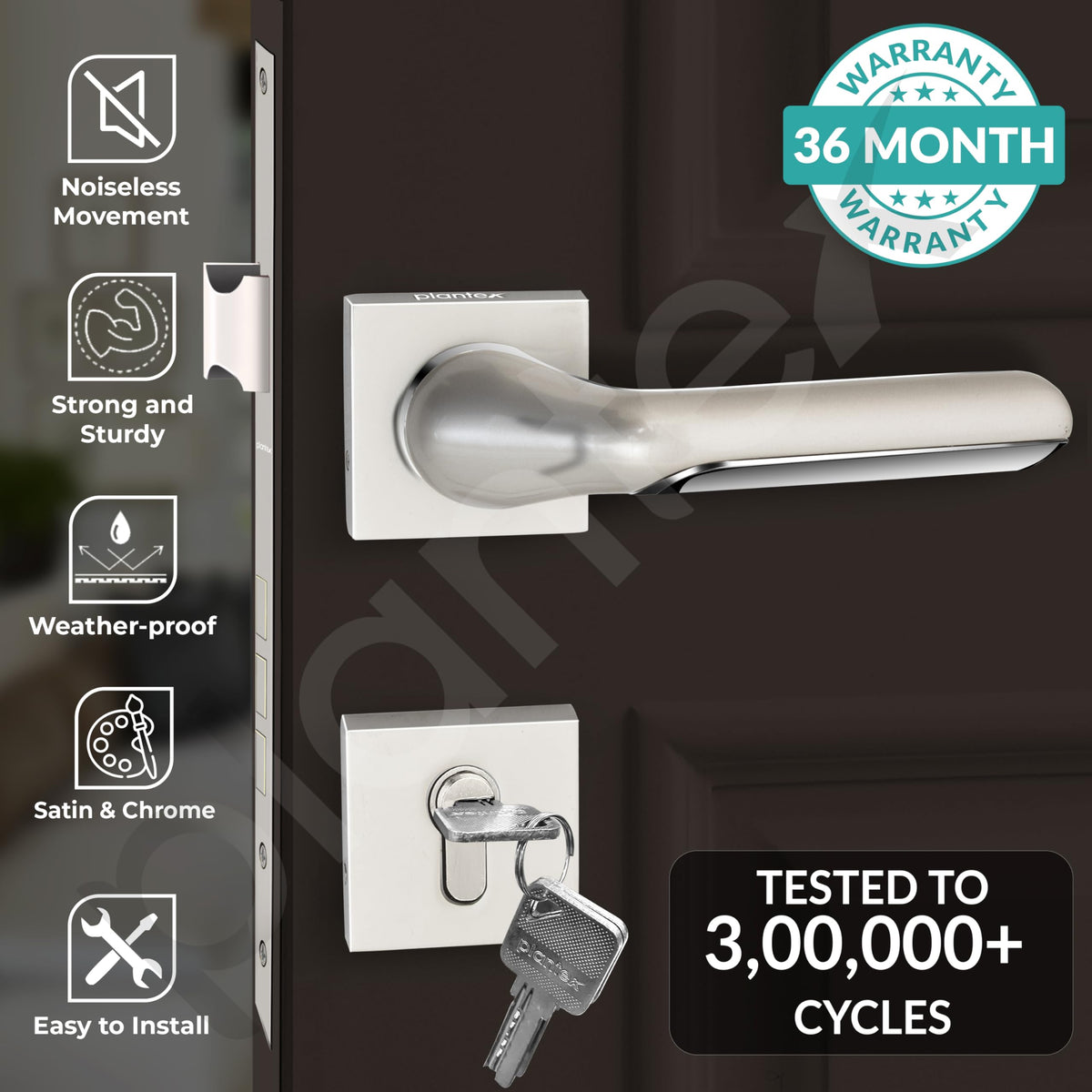 Plantex Triple Security Door Lock for Home/Main Door Lock Set with 3 Years of Warranty/Mortise Lock for Door with Brass Lock Body & Cylinder (7121, Satin White & Chrome)-2