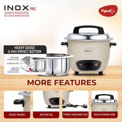 Pigeon Inox Pro Rice Cooker with Steamer, 1.8 litres | Stainless Steel Lid | 700 Watts | 1 Steel Cooking Pot | Measuring Cup | Spatula | Energy Efficient Cooking (Grey)