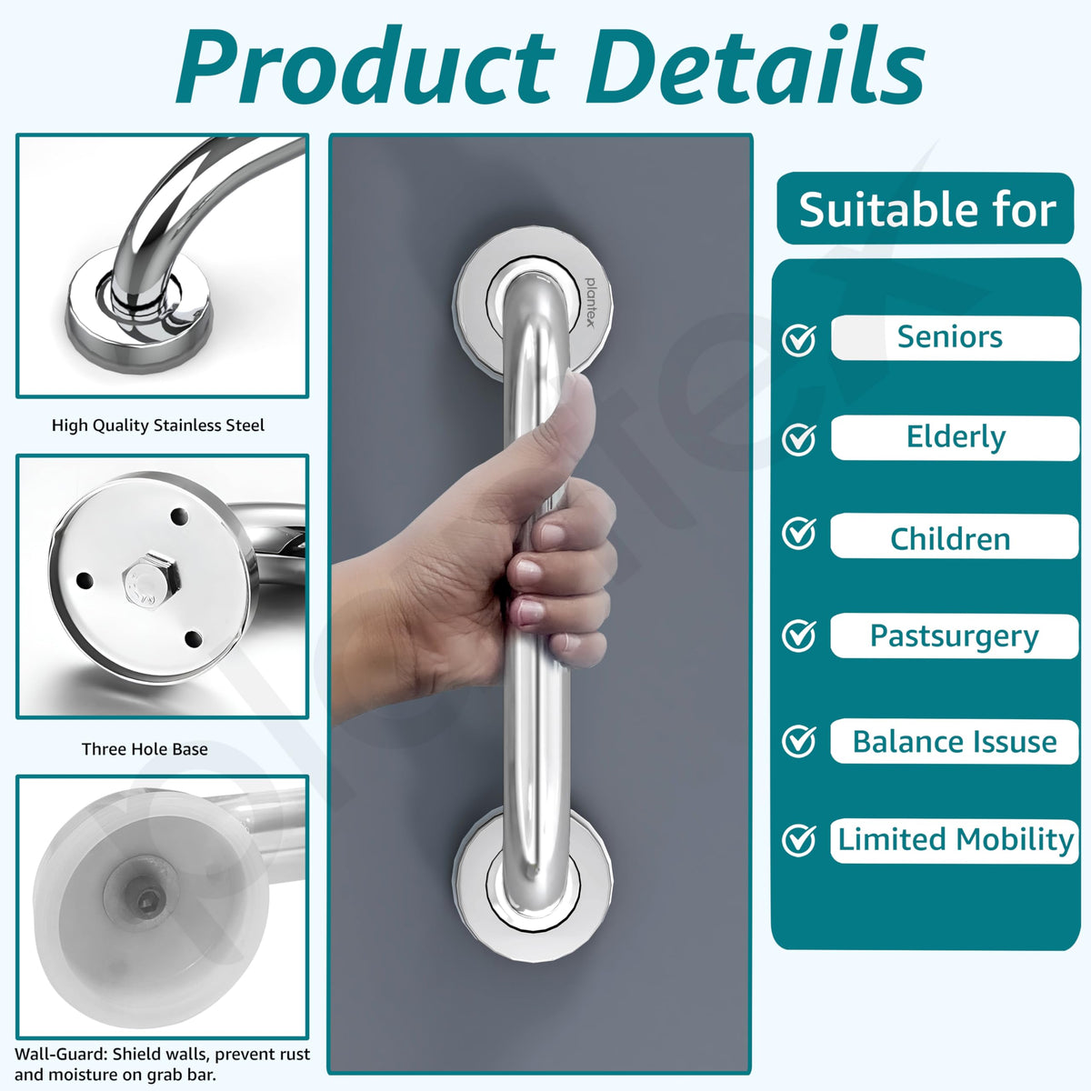 Plantex 12 Inch Toilet Support for Elderly People/Wall-Mounted Safety Handle - Stainless Steel (Chrome)-3