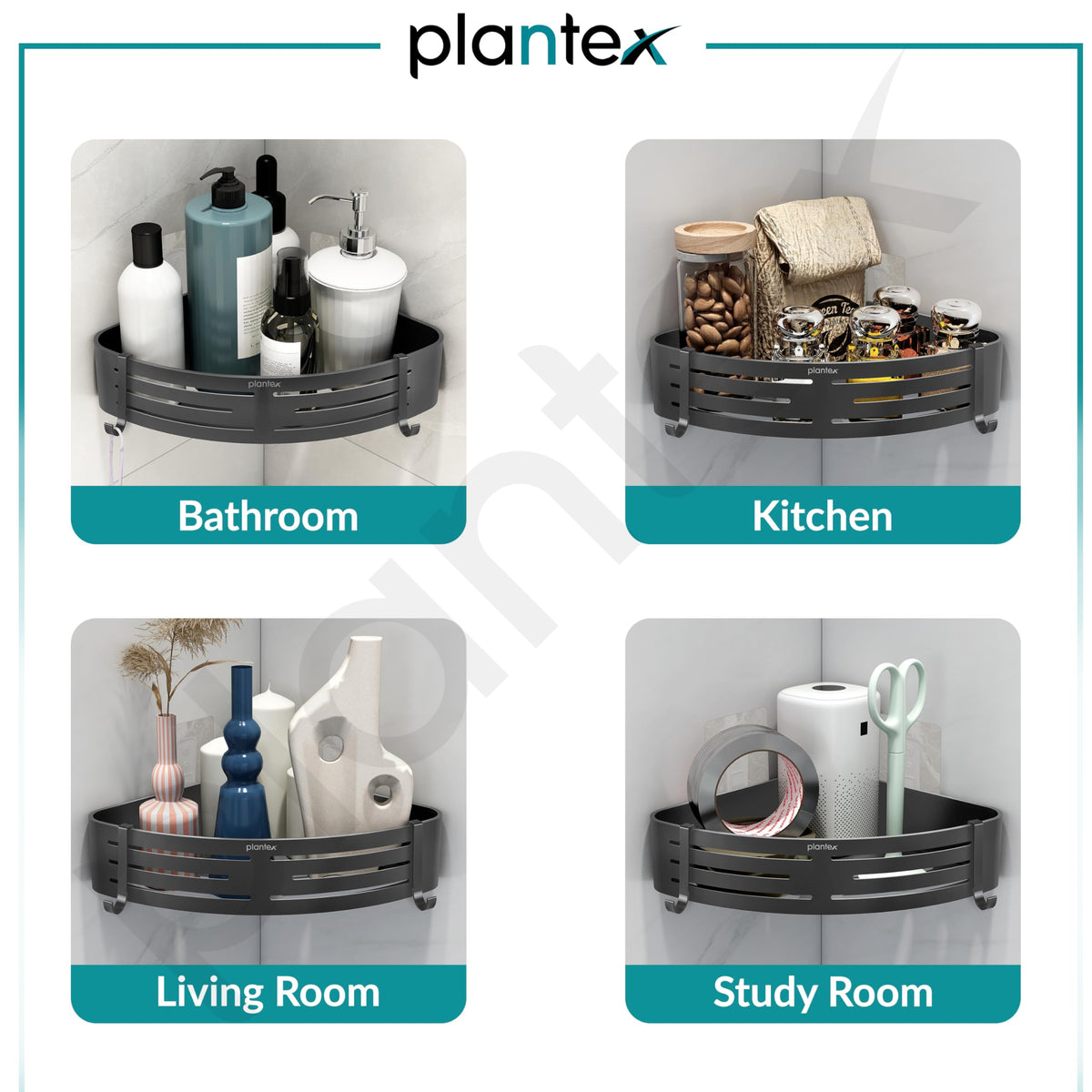 Plantex No Drill Corner Shelf for Bathroom Wall/Aluminium Self Adhesive Shelf/Bathroom Side Corner Shelf with Removable Hooks (9x9 inches, Matt Grey) - Pack of 2-4