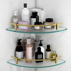 Plantex Premium Frosted Glass Corner Shelf for Bathroom/Glass Shelf/Storage Shelf - (12x12 in,Brass Antique-Pack of 2)-1