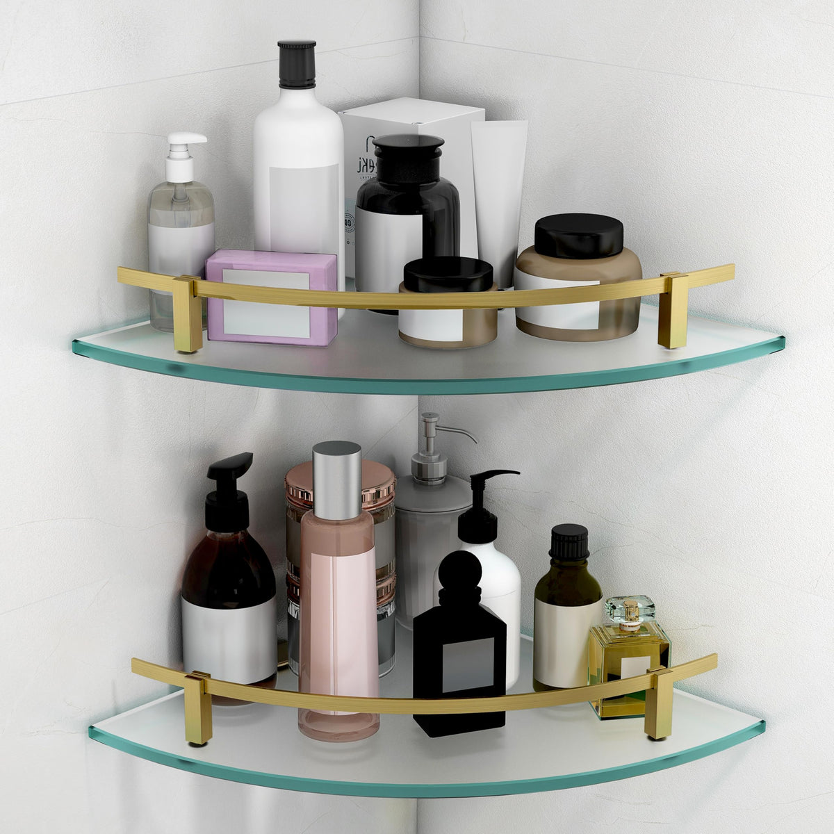 Plantex Premium Frosted Glass Corner Shelf for Bathroom/Glass Shelf/Storage Shelf - (12x12 in,Brass Antique-Pack of 2)