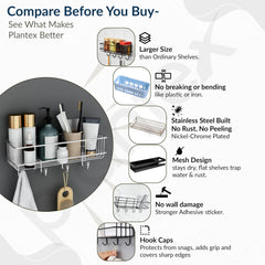 Plantex Stainless Steel Self Adhesive Bathroom Shelf/No Drill Bathroom Organizer with Hooks/Washroom Shelf- Pack of 1(Chrome)-6