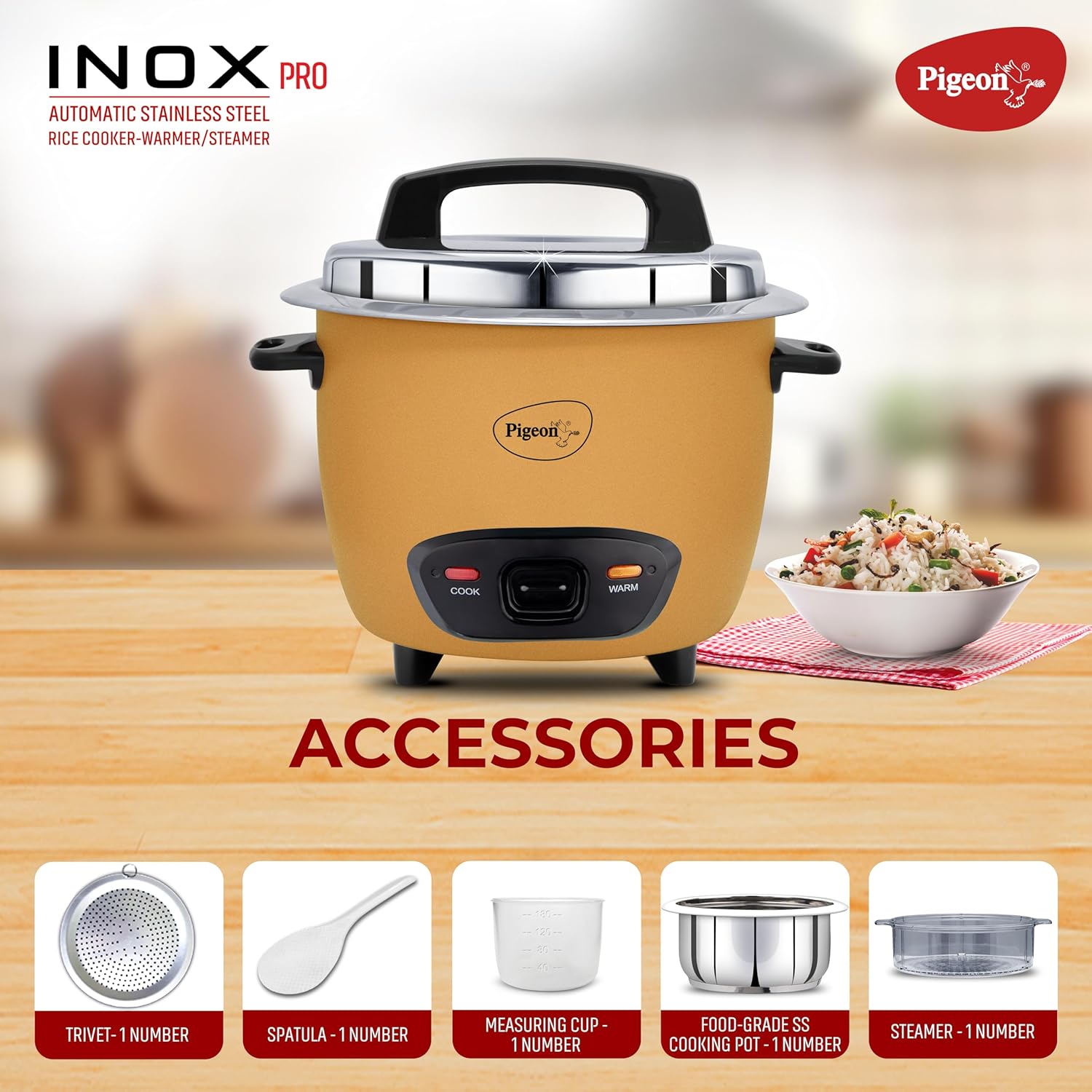 Pigeon Inox Pro Rice Cooker with Steamer, 1.8 litres | Stainless Steel Lid | 700 Watts | 1 Steel Cooking Pot | Measuring Cup | Spatula | Energy Efficient Cooking (Yellow)