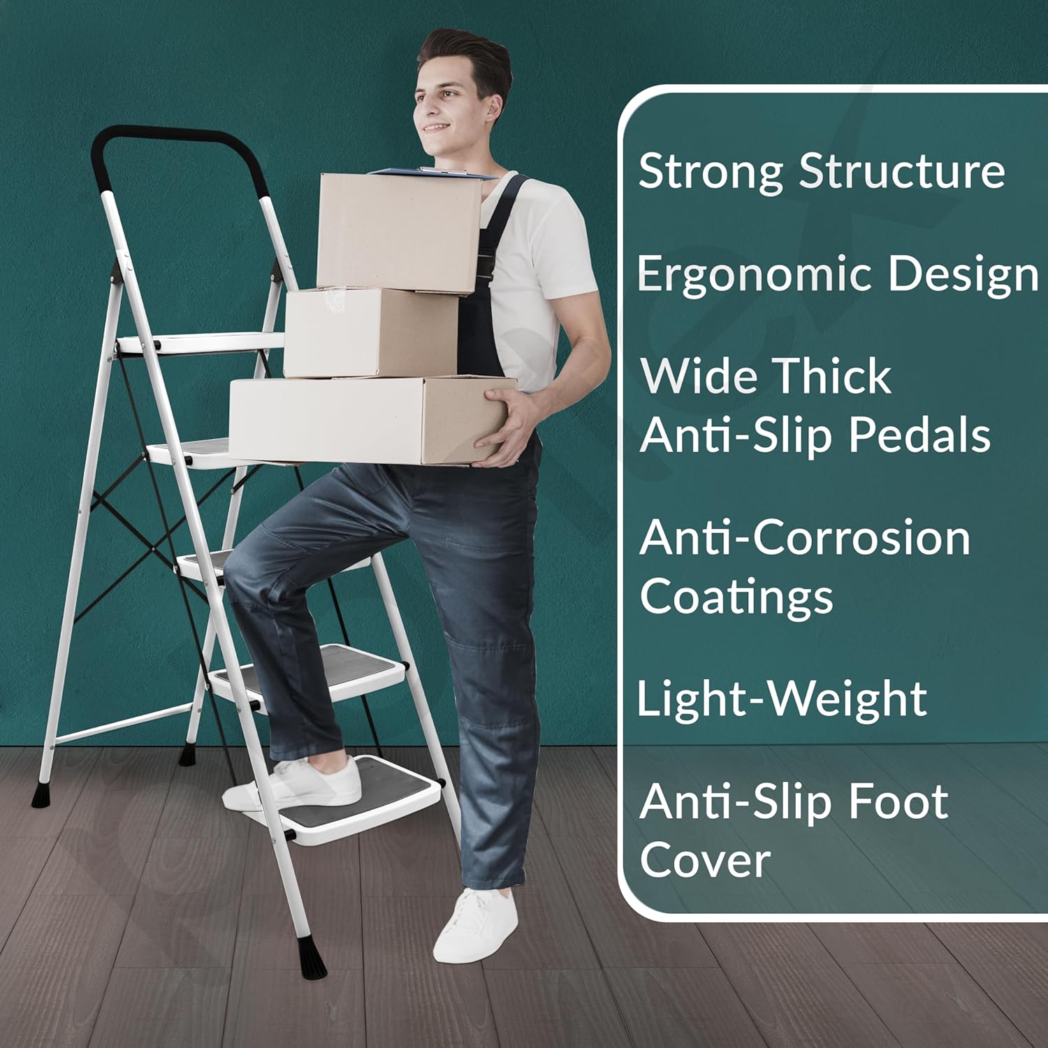 Plantex 5 Step Foldable Ladder for Home Use/Steel Ladder with Anti-Slip Shoes/Step Ladder with Double-Grip Technology(White & Black)