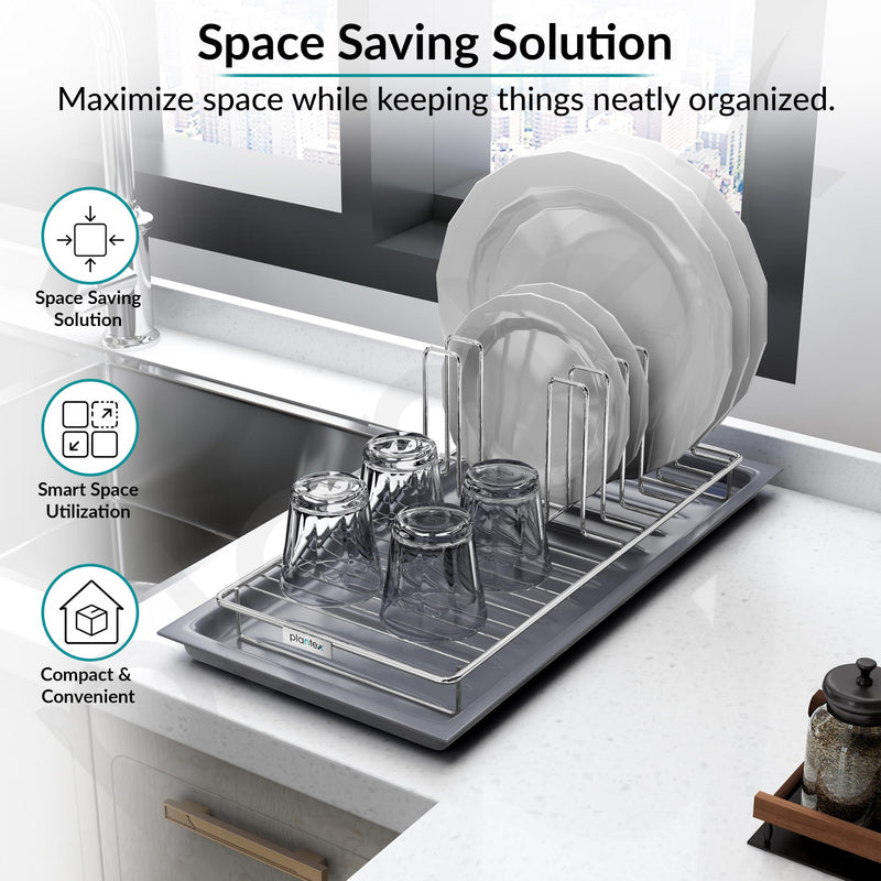 Plantex Stainless Steel Dish Drying Rack for Kitchen with Drain Tray/Plate & Thali Stand/Utensil, Bowl & Glass Holder/Countertop Dish Drainer Organizer Pack of 1 (Chrome & Grey)-6