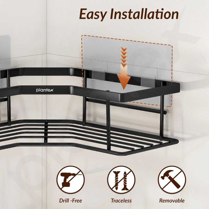 Plantex Alloy Steel Self Adhesive Bathroom Shelf Rack/Bathroom Organizer Without Drill/Corner Shelf for Bathroom Wall/Kitchen Corner Shelves Self Adhesive/Shelves for Kitchen-Pack of 2(Black)-5