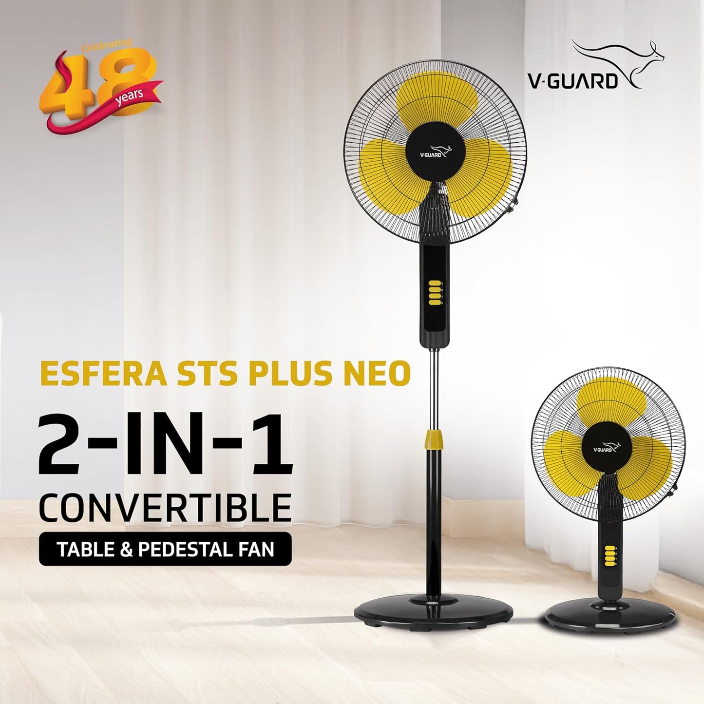 V-Guard Esfera STS Plus Neo Pedestal Cum Table Fan | Versatile 2-In-1 Operation | 1350 RPM Motor | Customisable Tilt And Oscillation Control | Yellow Black | 40 cm (400mm)