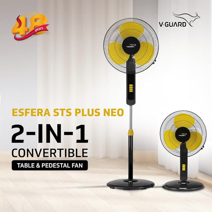 V-Guard Esfera STS Plus Neo Pedestal Cum Table Fan | Versatile 2-In-1 Operation | 1350 RPM Motor | Customisable Tilt And Oscillation Control | Yellow Black | 40 cm (400mm)
