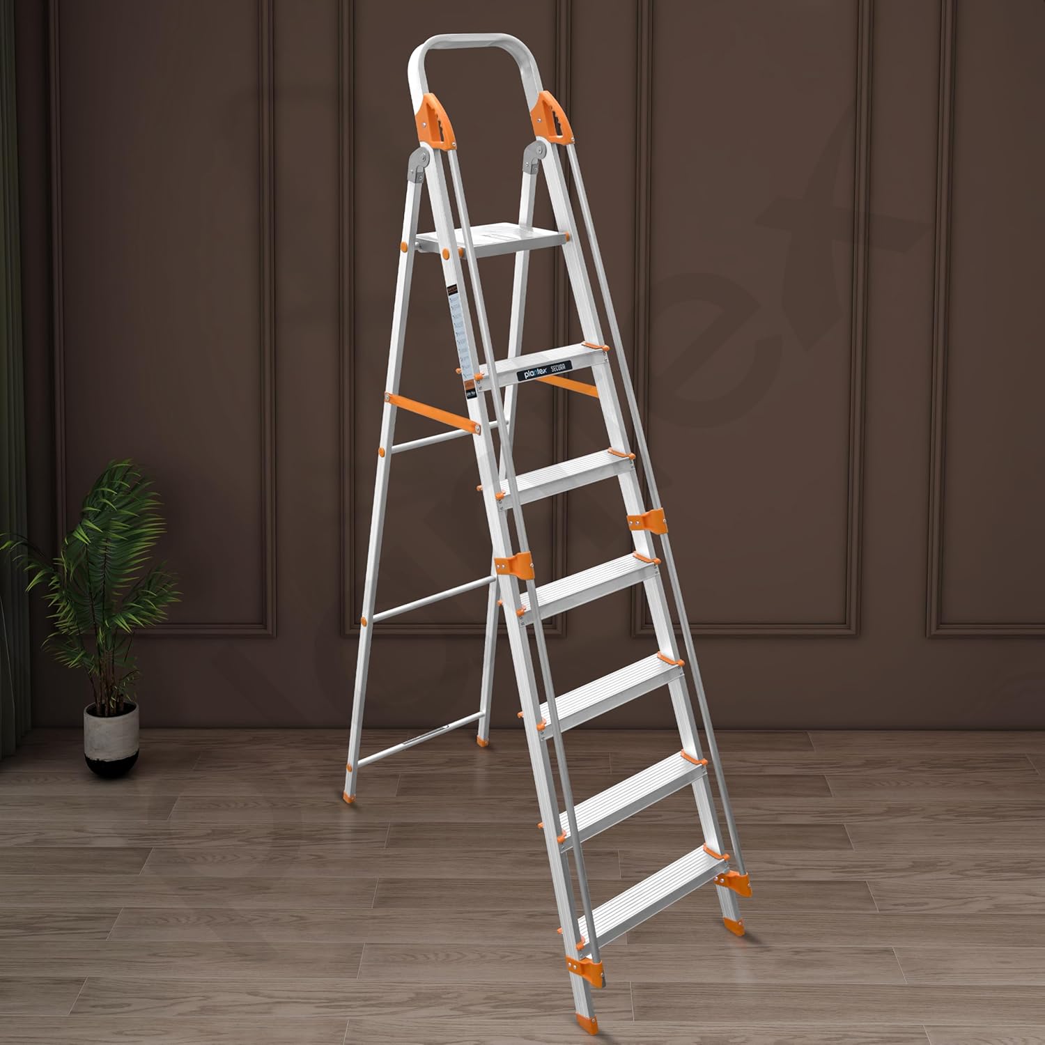 Plantex Secura 7 Step Aluminium Ladder for Home/Foldable Ladder with Safe Hand Rails/5 Year Manufacturer Warranty(Orange-Chrome)