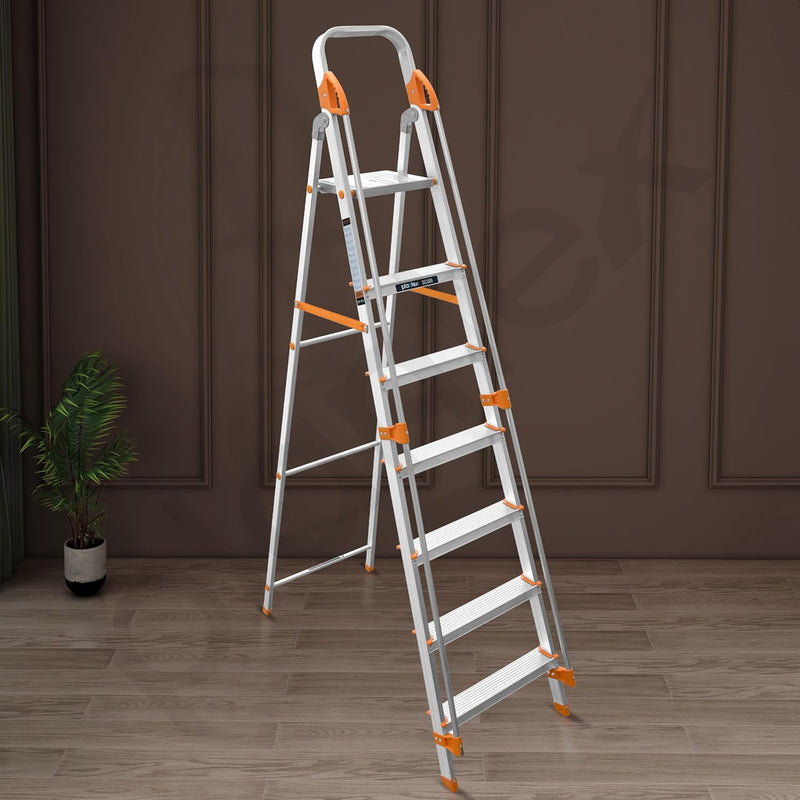 Plantex Secura 7 Step Aluminium Ladder for Home/Foldable Ladder with Safe Hand Rails/5 Year Manufacturer Warranty(Orange-Chrome)