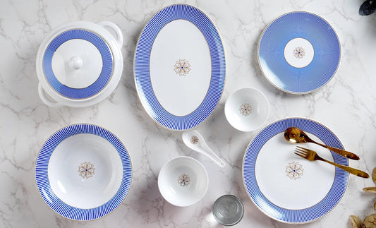 Clay Craft Fine Ceramic Gold Line Premium Classy Dinner Set of 40 - (Blue), for Family of 6, Dinner Set Ceramic, Crockery Set, Dining Set for Dinner, Crockery Set for Gift, Dinner Set 40 Pieces