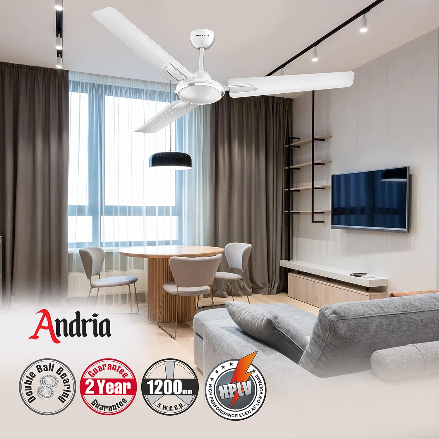 Havells Andria 1200mm Ceiling Fan (Pearl White), Standard