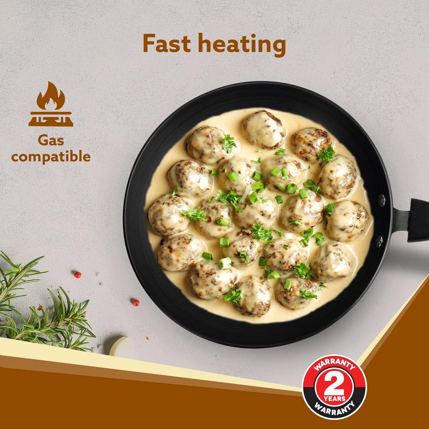 AGARO Elite Hard Anodised Tapper Frying Pan, 1.5L Capacity, 24 cm Diameter, Gas Oven Compatible, 3 mm Thick Plate, Riveted Handle, Frying, Cooking, Serving, Black