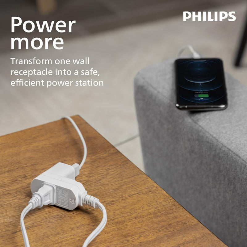 Philips SPS3613W/37 Indoor Extension Cable, 1.8 m, Flat Plug with Multiple Sockets, 2 Plugs, White, ETL List