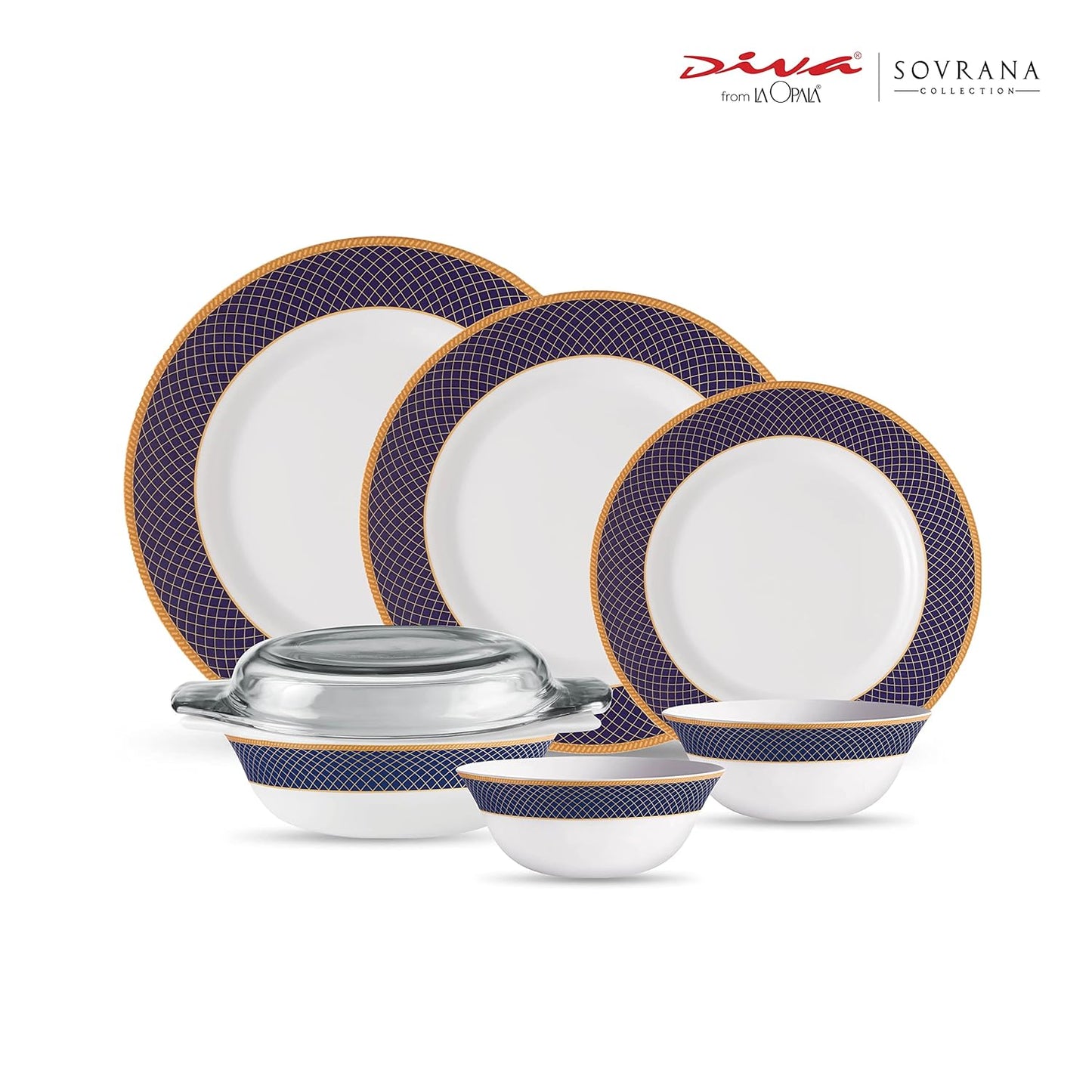 La Opala Diva Sovrana Collection Opal Glass Crockery | for Family of 6 | Dinner Set 35 pcs Regent Blue | Plates & Bowls for Dining | Microwave Safe | 100% Vegetarian | Extra Strong | Light & White