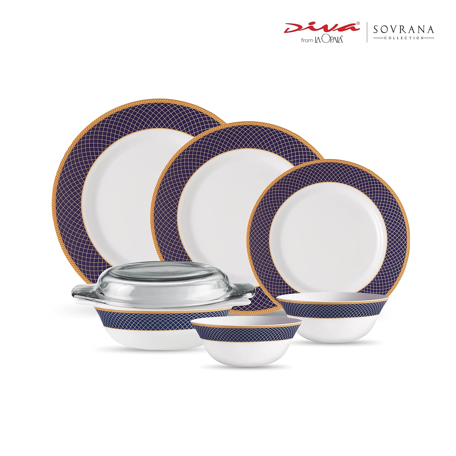 La Opala Diva Sovrana Collection Opal Glass Crockery | for Family of 6 | Dinner Set 35 pcs Regent Blue | Plates & Bowls for Dining | Microwave Safe | 100% Vegetarian | Extra Strong | Light & White
