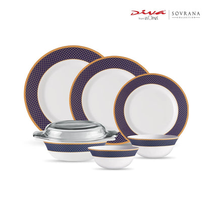 La Opala Diva Sovrana Collection Opal Glass Crockery | for Family of 6 | Dinner Set 35 pcs Regent Blue | Plates & Bowls for Dining | Microwave Safe | 100% Vegetarian | Extra Strong | Light & White