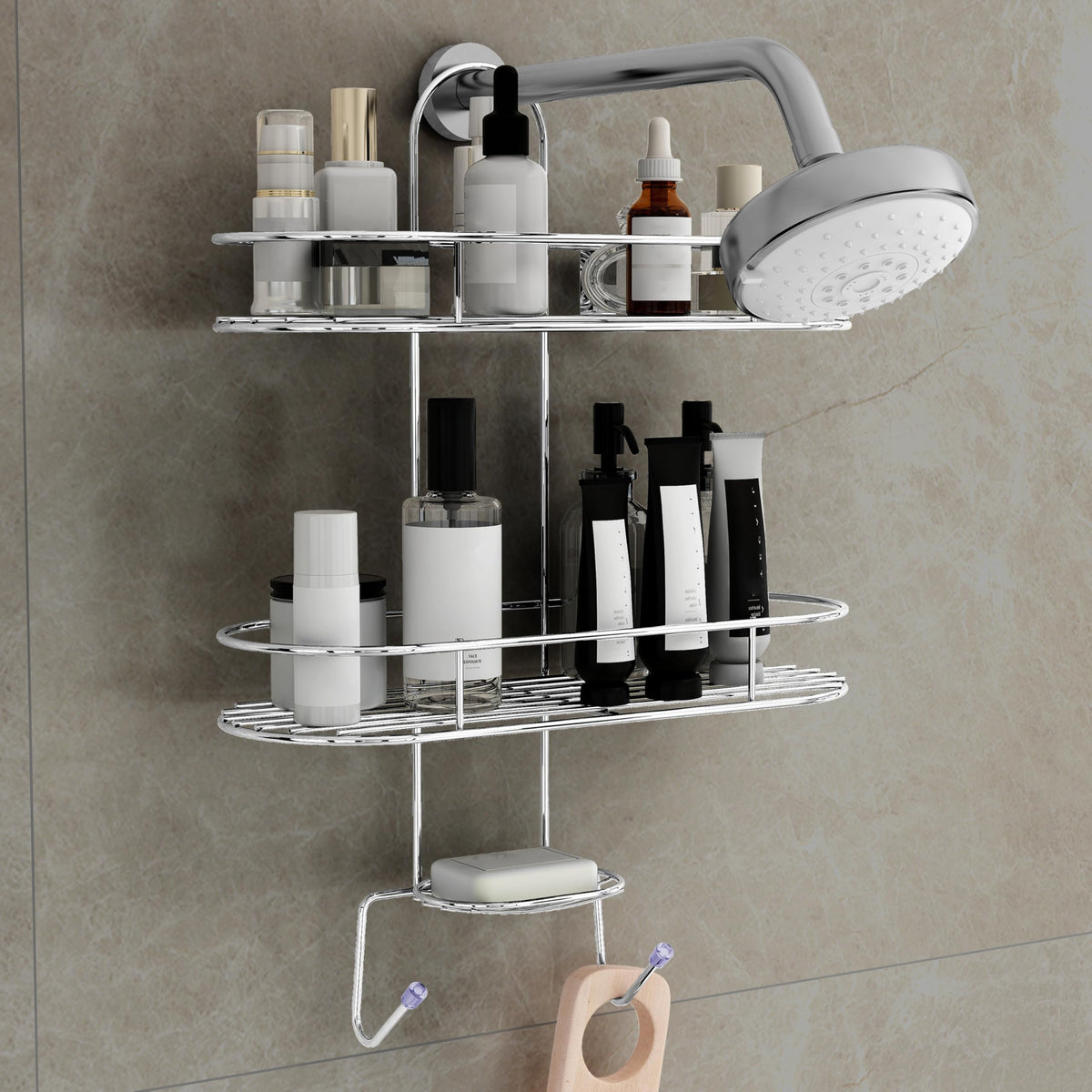 Plantex Self Adhesive Bathroom Stainless Steel Shelf/5in1 Multipurpose Shower Caddy/Storage Shelf/Soap Holder/Stand/Bathroom Accessories(Oval-Chrome Silver)-1