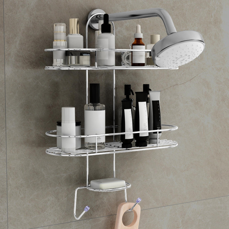 Plantex Self Adhesive Bathroom Stainless Steel Shelf/5in1 Multipurpose Shower Caddy/Storage Shelf/Soap Holder/Stand/Bathroom Accessories(Oval-Chrome Silver)-1