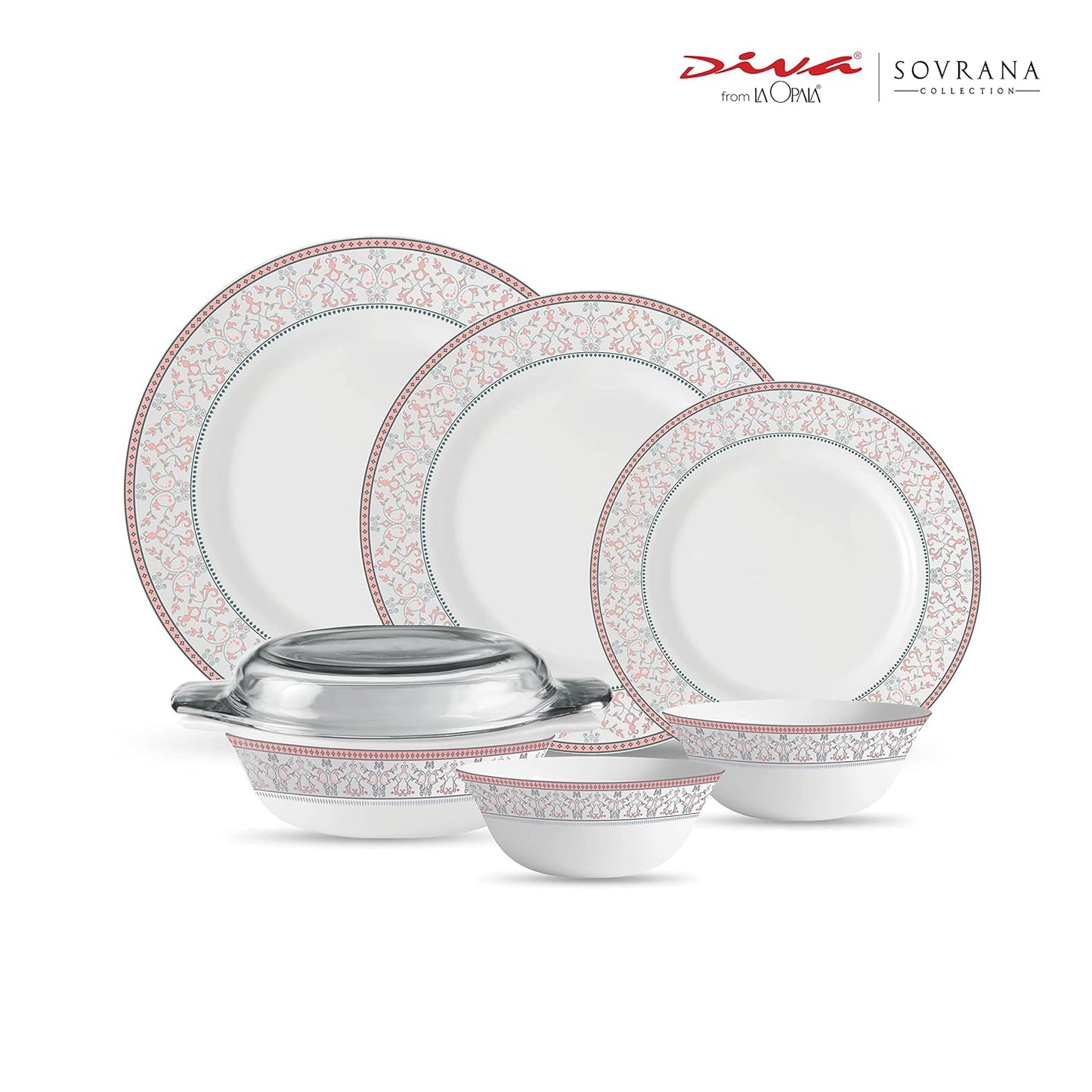 La Opala Diva, Sovrana Collection, Opal Glass Dinner Set 35 pcs, Moroccan Pink, White