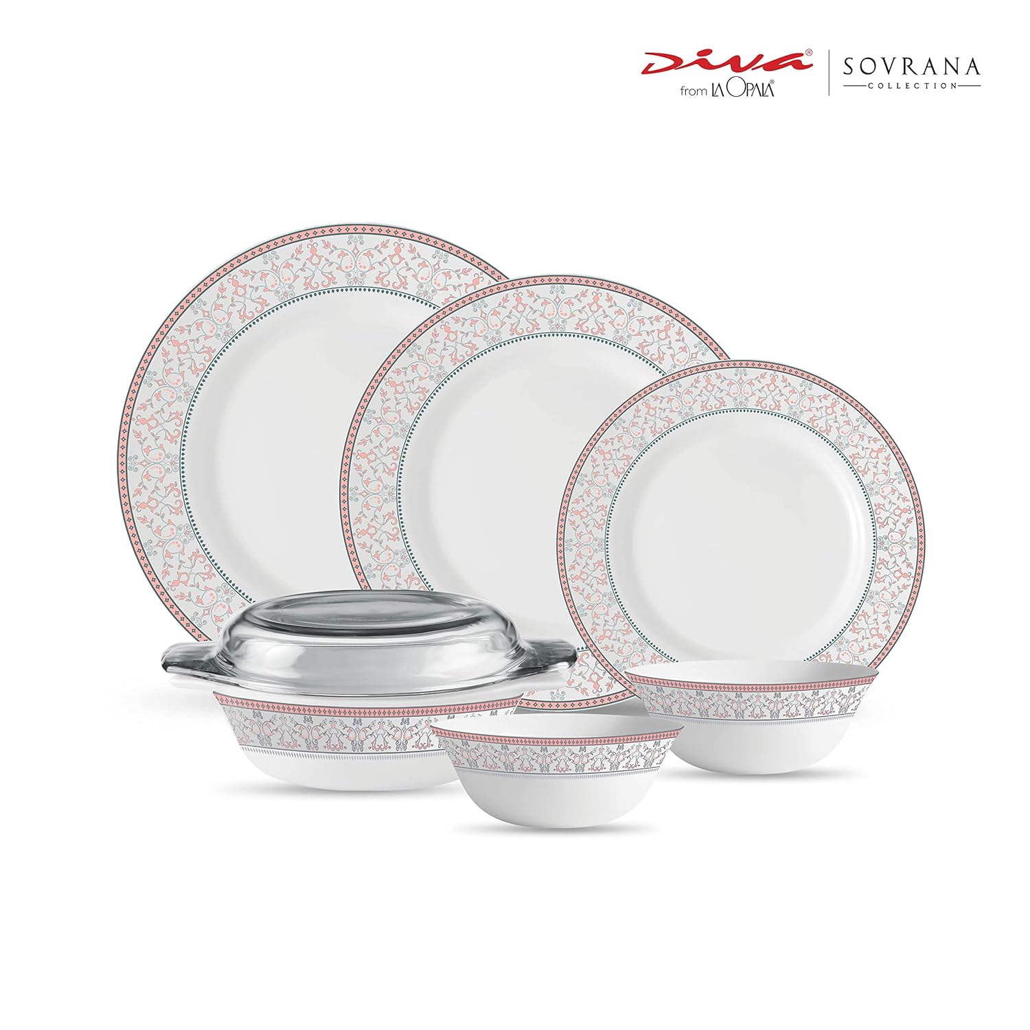 La Opala Diva, Sovrana Collection, Opal Glass Dinner Set 35 pcs, Moroccan Pink, White