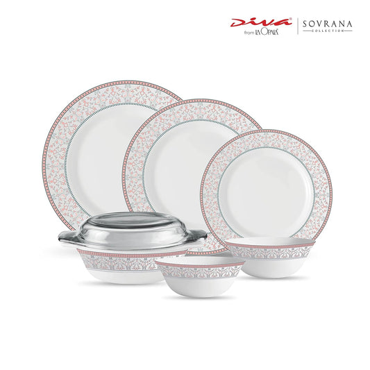 La Opala Diva, Sovrana Collection, Opal Glass Dinner Set 35 pcs, Moroccan Pink, White