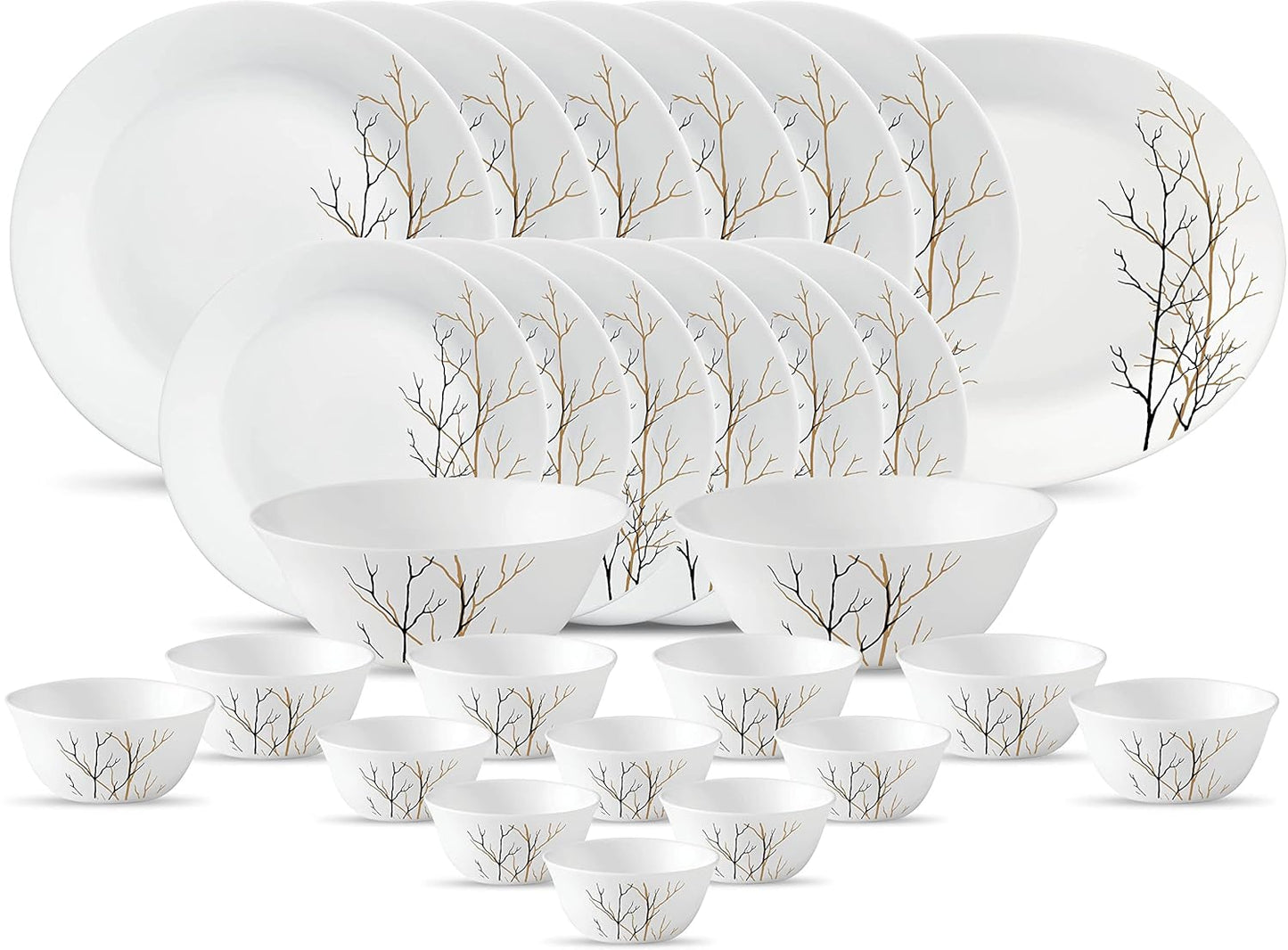 La Opala Diva Ivory Collection Opal Glass Crockery | for Family of 6 | Dinner Set 27 pcs Golden Fall | Plates & Bowls for Dining | Microwave Safe | 100% Vegetarian | Extra Strong | Light & White