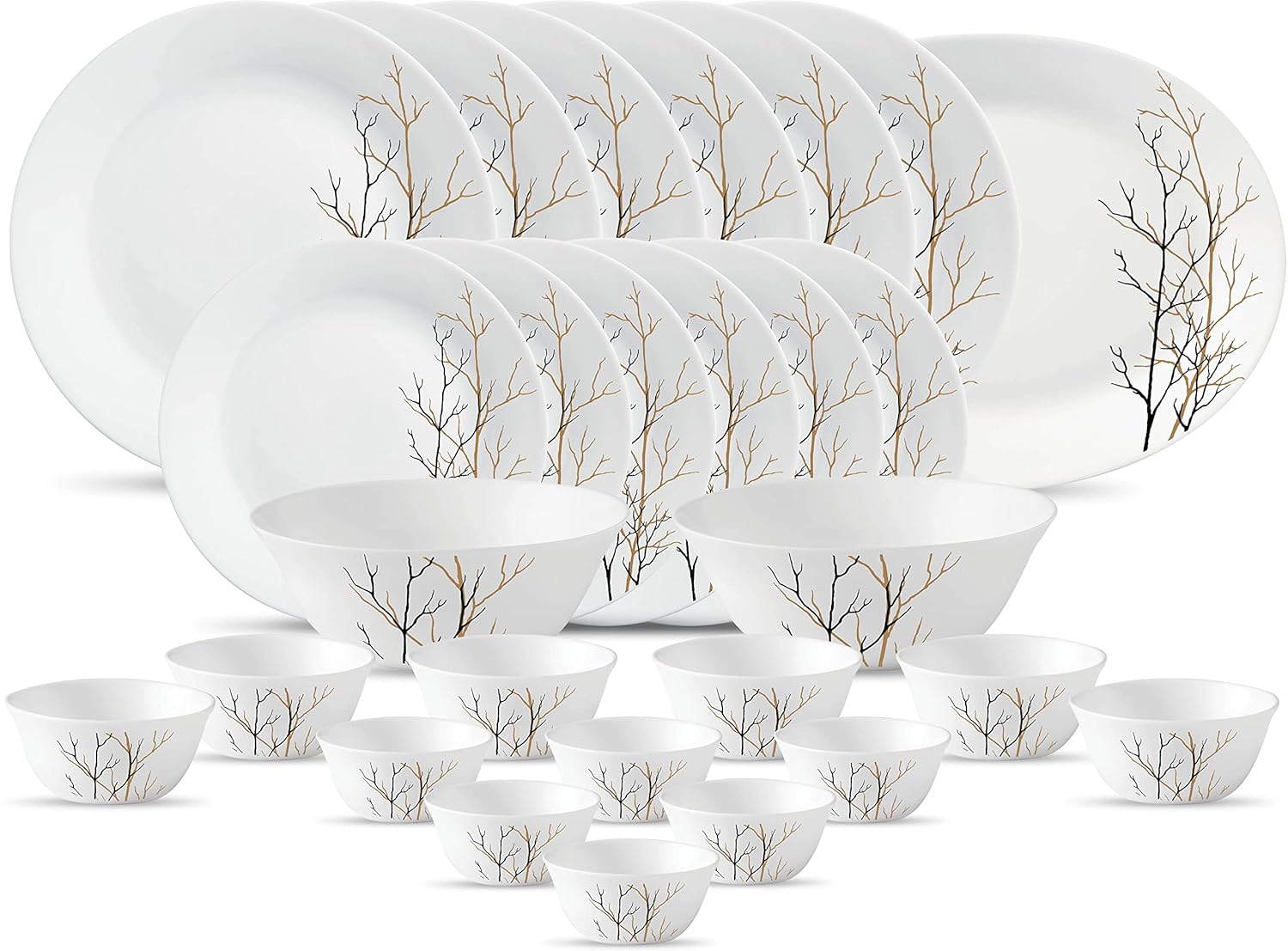 La Opala Diva Ivory Collection Opal Glass Crockery | for Family of 6 | Dinner Set 27 pcs Golden Fall | Plates & Bowls for Dining | Microwave Safe | 100% Vegetarian | Extra Strong | Light & White